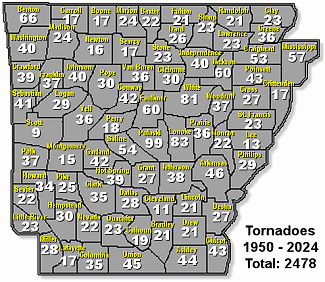 Number of tornadoes from 1950 through 2024.