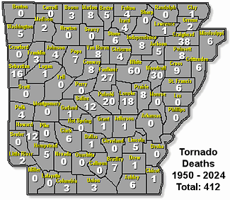 Number of tornado deaths from 1950 through 2024.