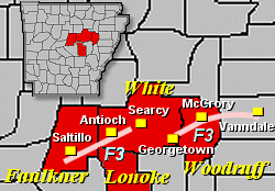 Two F3 tornadoes affected portions of Faulkner, Lonoke, White and Woodruff Counties during the evening of 05/04/2003.