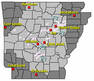 Twenty five tornadoes (rated F0 to F2) were spawned in the central third of Arkansas on 05/16/2003.