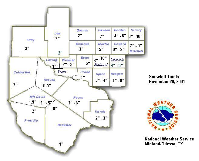 image of snowfall totals across west Texas and southeast New Mexico