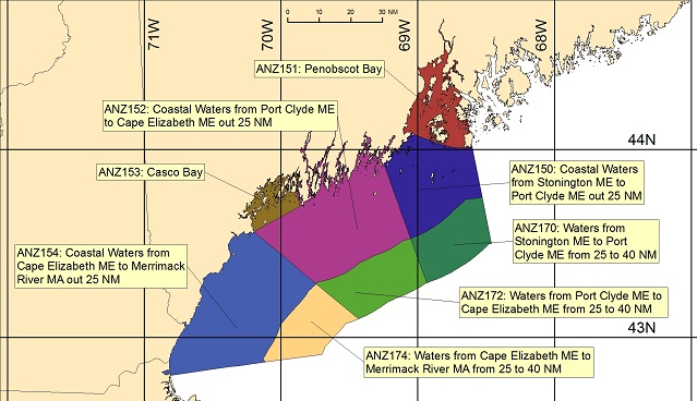 map showing marine forecast zones near Gray/Portland, ME