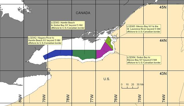 map showing marine forecast zones on the open waters of Lake Ontario