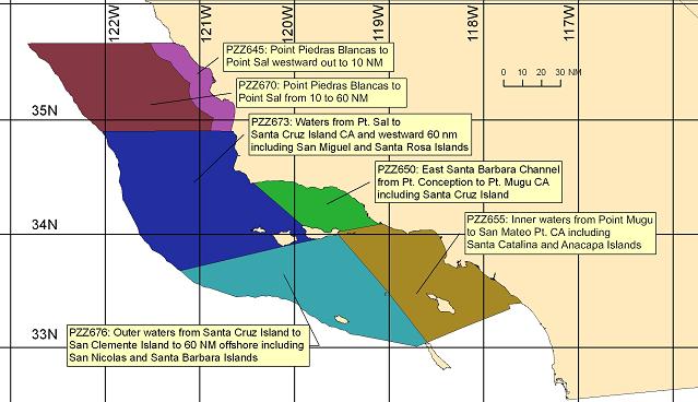 map showing marine forecast zones near Los Angeles, CA
