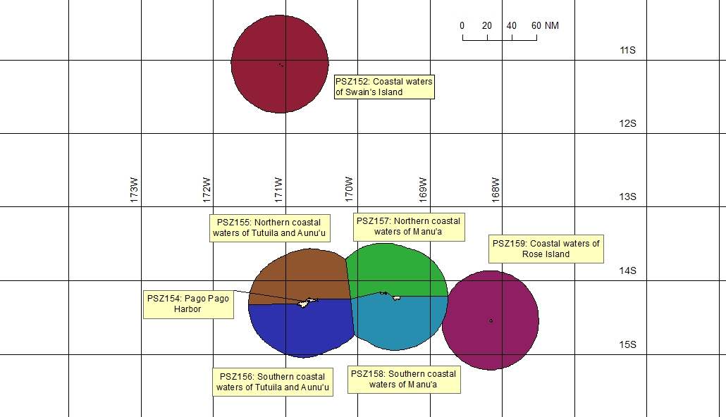map showing marine forecast zones near American Samoa
