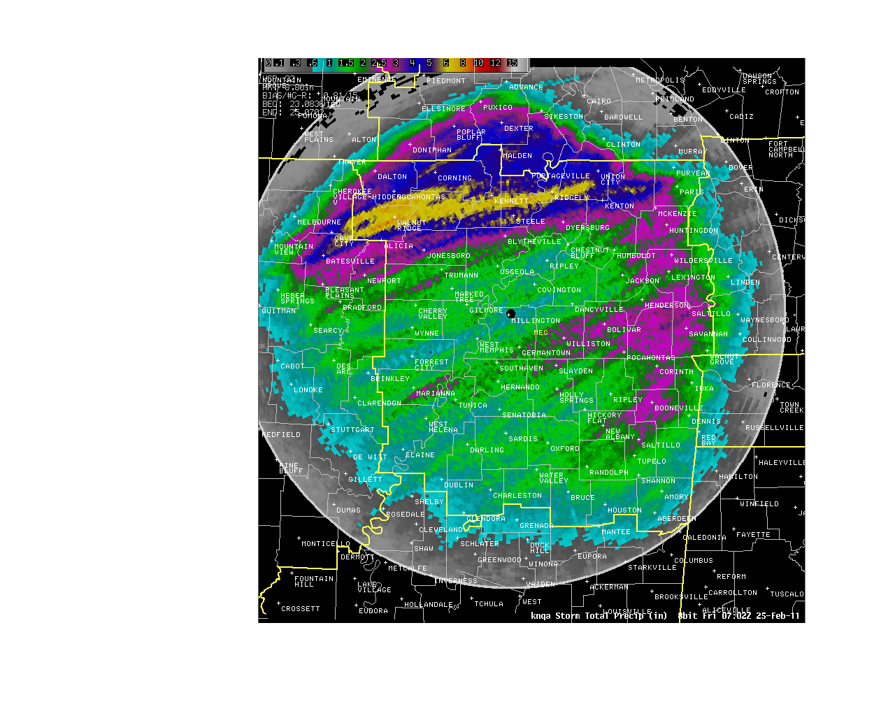 Radar estimated total rainfall map of February 23 and 24.