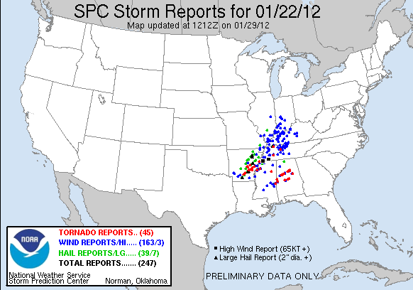 Severe Weather Reports from Jan 22-23, 2013