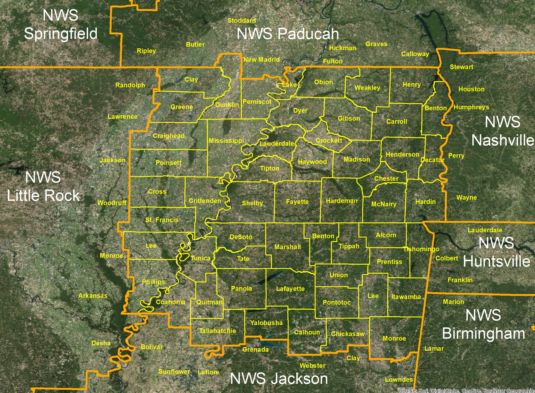 NWS Memphis County Warning and Forecast Area - Click to Enlarge