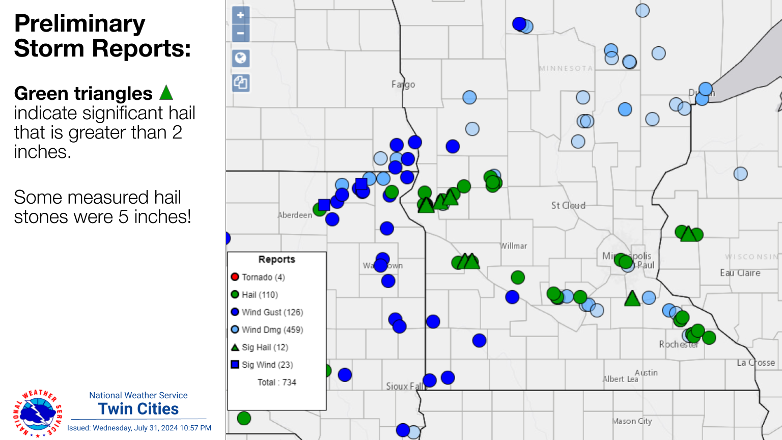 Image of storm reports across the region.