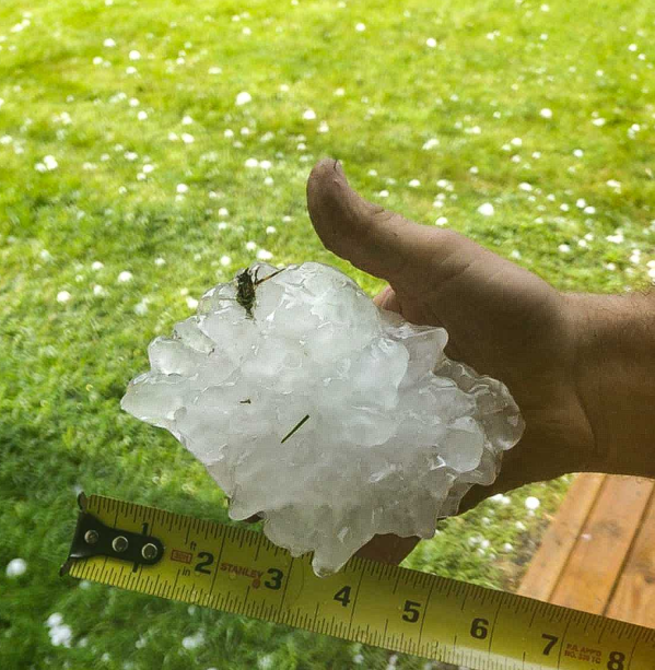 Photo of giant hail stone measuring up to six inches in diameter 4 miles NW of Chokio, MN.