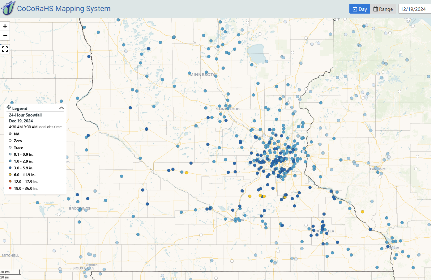 Map of snowfall reports from CoCoRaHS Observers on December 19 2024