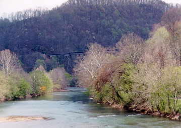 View upstream with railroad trestle across gorge