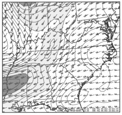250-hPa winds and isotachs from the RUC40 model at 06 UTC 23 December 2004