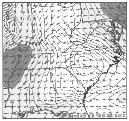 250-hPa winds and isotachs from the RUC40 model at 06 UTC 25 February 2007