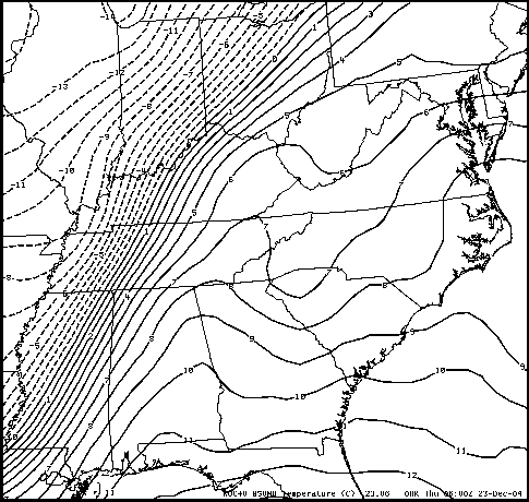850-hPa temperatures from the RUC40 model at 06 UTC 23 December 2004