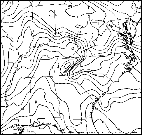 850-hPa temperatures from the RUC40 model at 06 UTC 25 February 2007