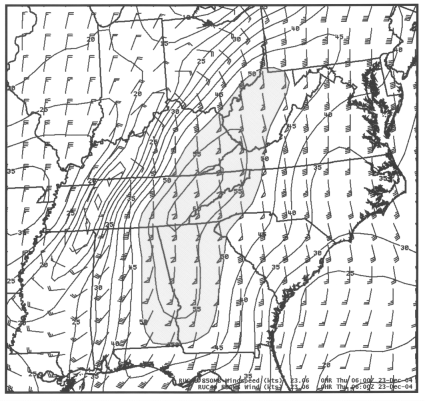 850-hPa winds and isotachs from the RUC40 model at 06 UTC 23 December 2004