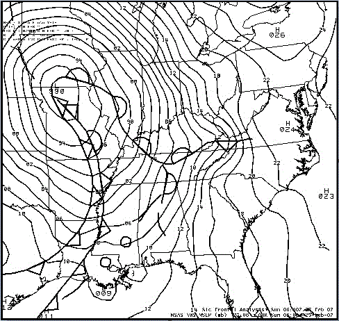 Surface frontal analyses of the eastern United States at 06 UTC 25 February 2007