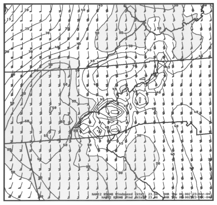 850-hPa winds and isotachs from the NAM12 model at 06 UTC 23 December 2004