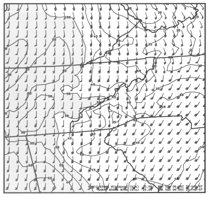 850-hPa winds and isotachs from the NAM12 model at 06 UTC 25 February 2007