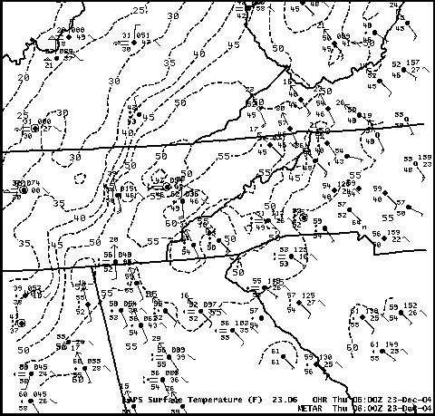 Surface plots of observations with isotherms from 23 December 2004 at 0600 UTC