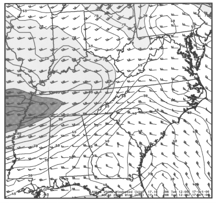 250-hPa winds and isotachs from the RUC40 model at 12 UTC 17 October 2006