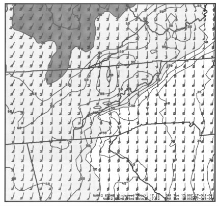 850-hPa winds and isotachs from the NAM12 model at 12 UTC 17 October 2006