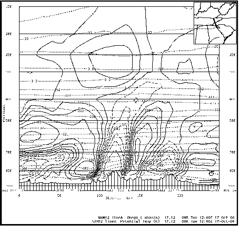 NAM12 model cross section of potential temperature and vertical velocity across the Smoky Mountains at 12 UTC 17 October 2006