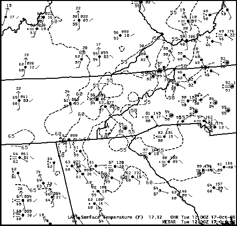 Surface plots of observations with isotherms from 17 October 2006 at 1200 UTC