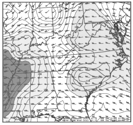 250-hPa winds and isotachs from the RUC40 model at 15 UTC 1 March 2007