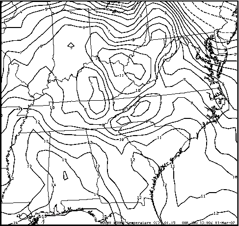 850-hPa temperatures from the RUC40 model at 15 UTC 1 March 2007