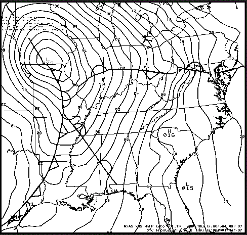 Surface frontal analyses of the eastern United States at 15 UTC 1 March 2007