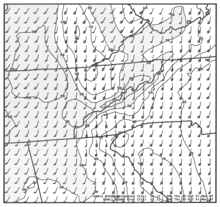 850-hPa winds and isotachs from the NAM12 model at 15 UTC 1 March 2007