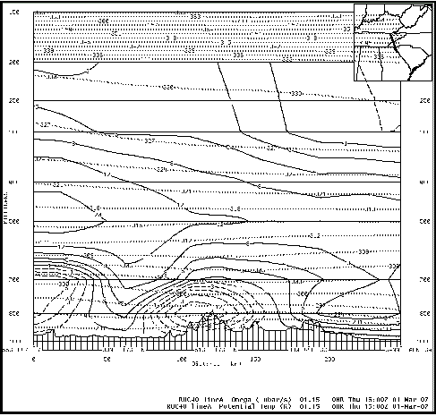 RUC40 model cross-section of potential temperature and vertical velocity across the Smoky Mountains at 15 UTC 1 March 2007