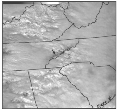 Visible satellite image of the southern Appalachian region at 1825 UTC 1 March 2007