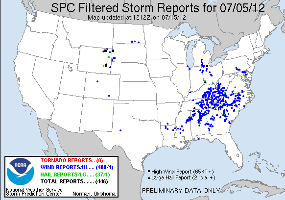Storm reports received at the Storm Prediction Center from the 5 July 2012 derecho event