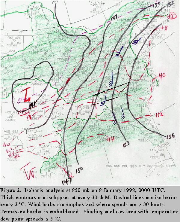 Isobaric analysis at 850 mb on 8 January 1998 at 0000 UTC.
