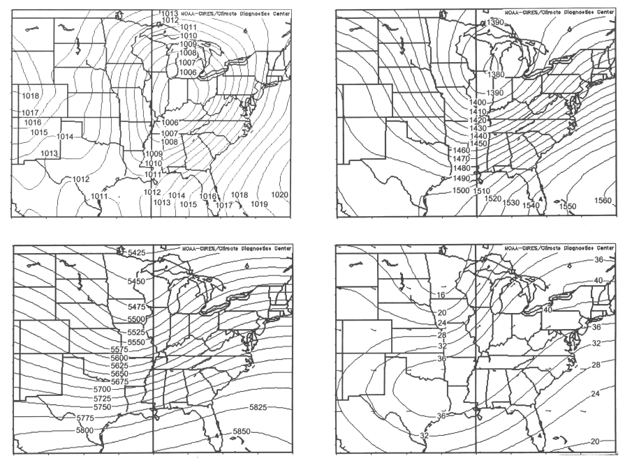 Composite maps from significant tornado events across the southern Appalachian region of surface isobars, 850-hPa isoheights, 500-hPa isoheights, and 250-hPa isotachs.