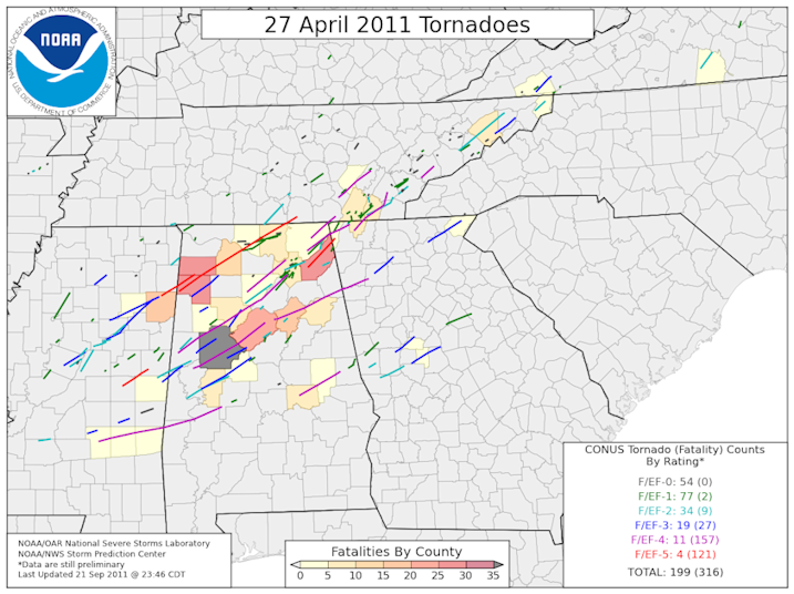 Tornado tracks from the 27 April 2011 Super Outbreak