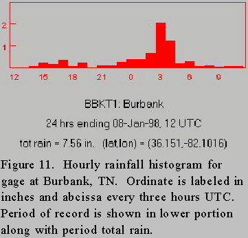 Hourly rainfall histogram for gage at Burbank, TN on 8 January 1998.