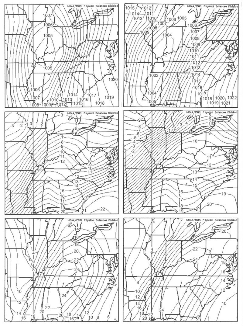 Composite maps of surface isobars, surface isotherms, and 850-hPa isotachs from warning-level wind events at Coker Creek and Shady Valley