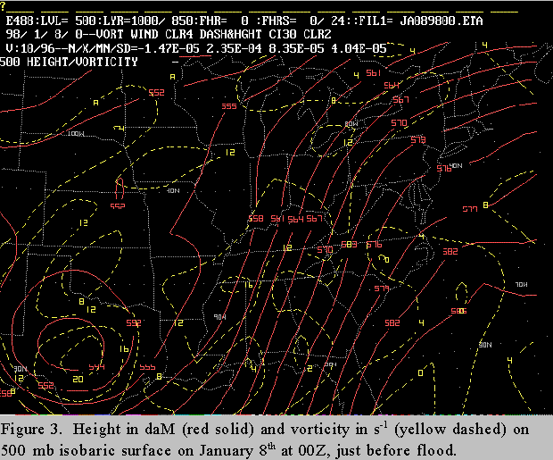 Height and vorticity on 500 mb isobaric surface on January 8th at 00Z, just before flood.
