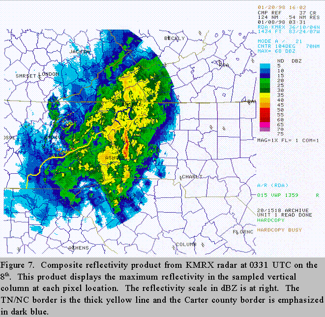 Composite reflectivity product from KMRX radar at 0331 UTC on the 8th.