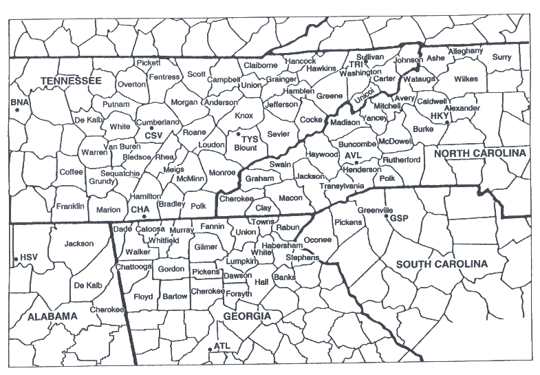 Counties and states used to compose the southern Appalachian region and the locations of the surface observation sites with three-letter identifications.