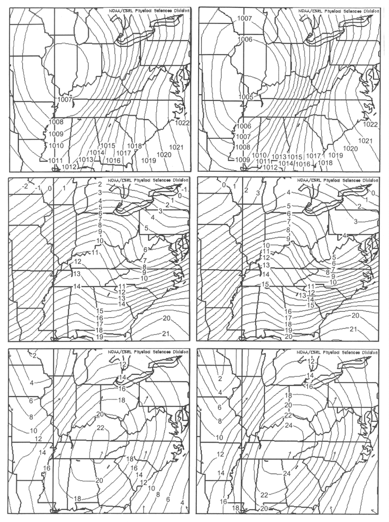 Composite maps of surface isobars, surface isotherms, and 850-hPa isotachs from warning-level wind events at Cove Mountain and Camp Creek