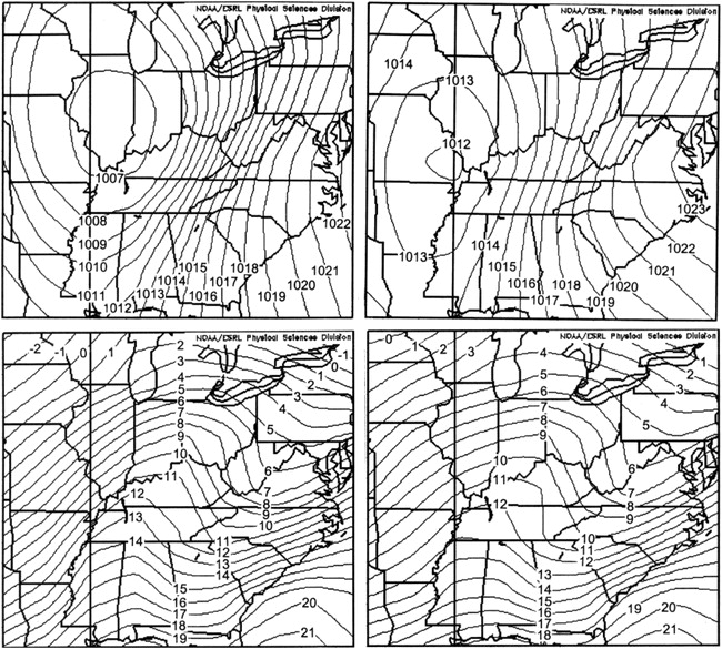 Surface composite maps of isobars and temperatures during warning-level and advisory-level events