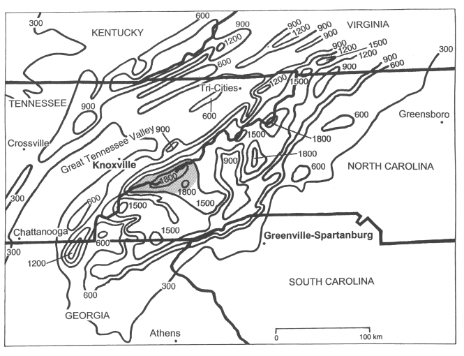 Smoothed elevation map of the southern Appalachian region with the stations considered for the study.
