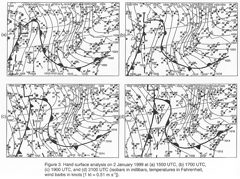 Hand surface analysis on 2 January 1999 at 1500 UTC, 1700 UTC, 1900 UTC, and 2100 UTC.