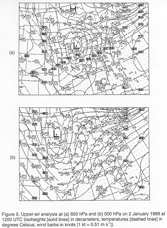 Upper-air analysis at 850 hPa and 500 hPa on 2 January 1999 at 1200 UTC.