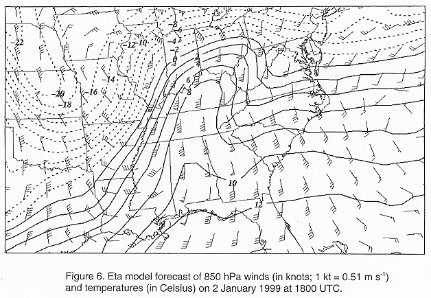 Eta model forecast of 850 hPa winds and temperatures on 2 January 1999 at 1800 UTC.
